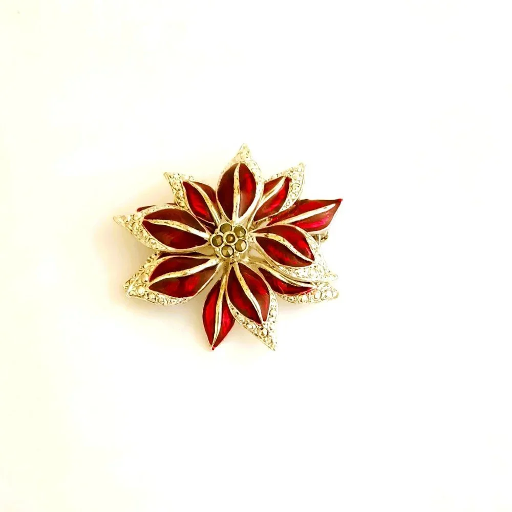 Silver Red Enamel Poinsettia Brooch Women's Floral Pave' Rhinestone Pin Jewelry